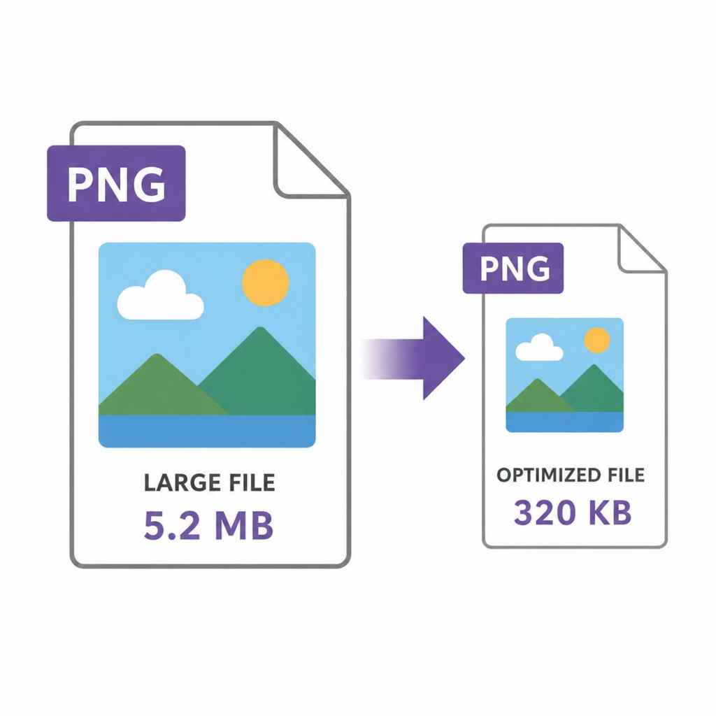 Graphic showing a large PNG file shrinking into a smaller optimized file