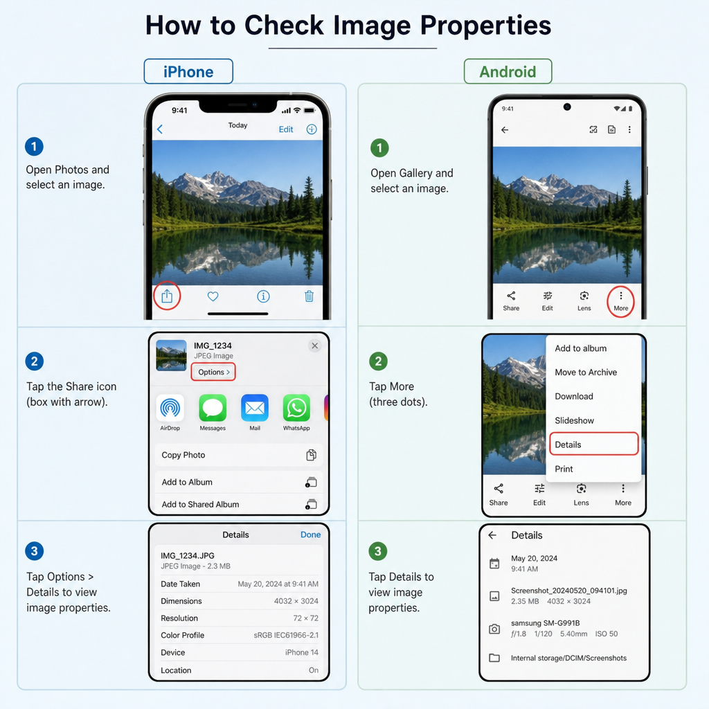 Screenshot showing how to check image properties on both an iPhone and an Android screen