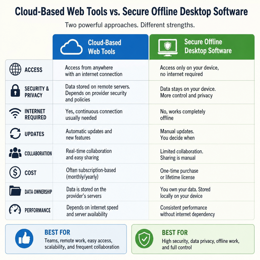Comparison of cloud-based web tools and secure offline desktop software
