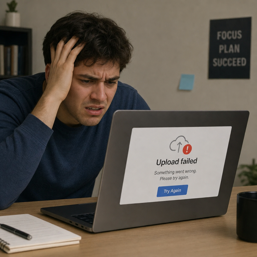 A frustrated user looking at a laptop screen with an upload error message