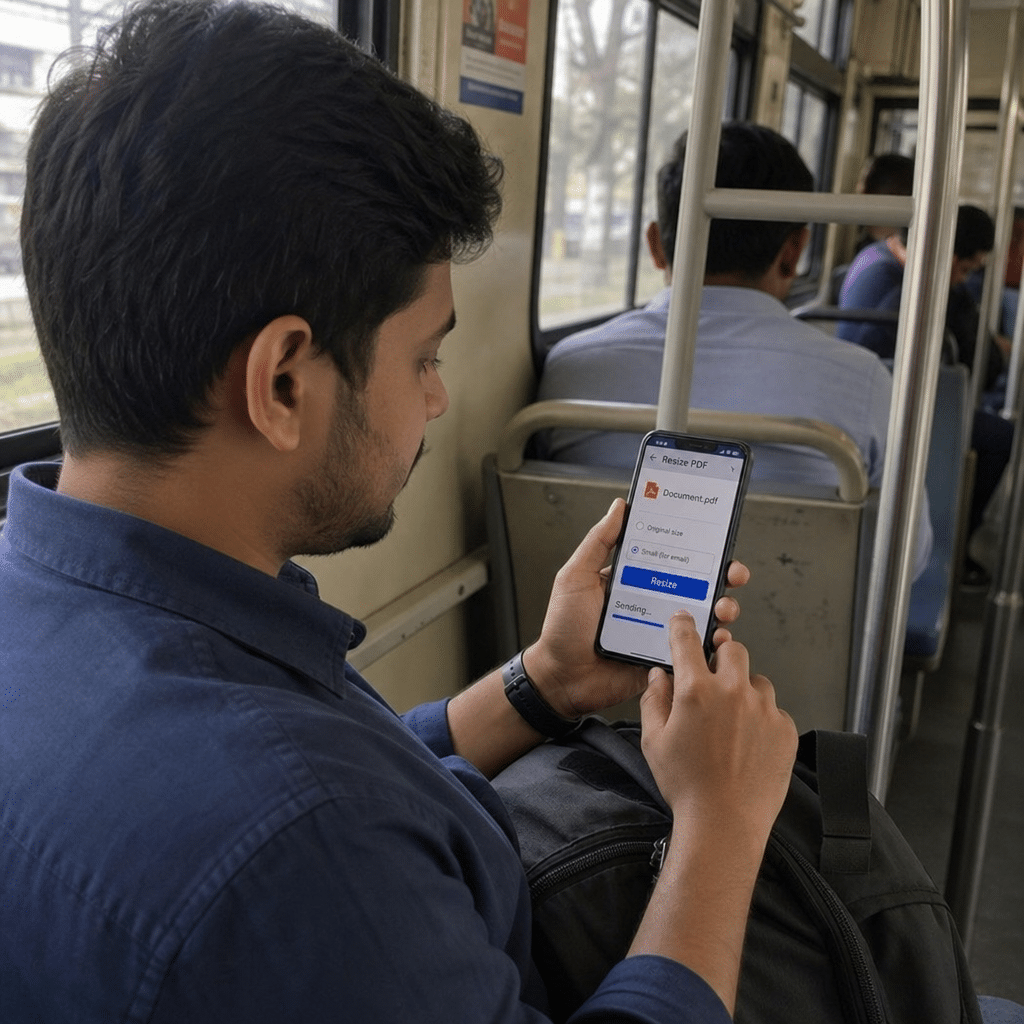 Person using a smartphone to resize and send a document while commuting