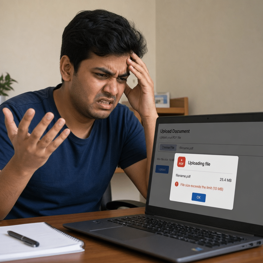 Frustrated user trying to upload a large PDF document on a laptop