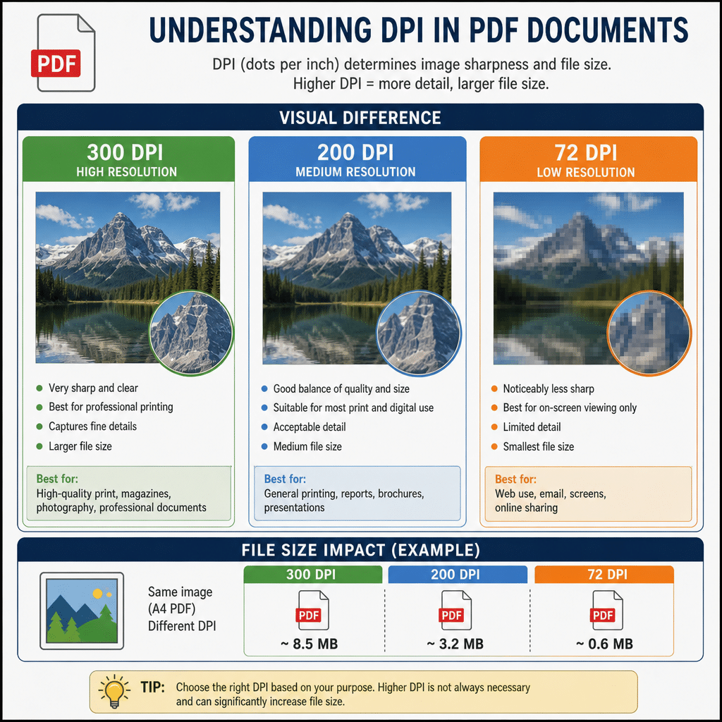 Infographic explaining the visual difference and file size impact between 300 DPI, 200 DPI, and 72 DPI in PDF documents in English
