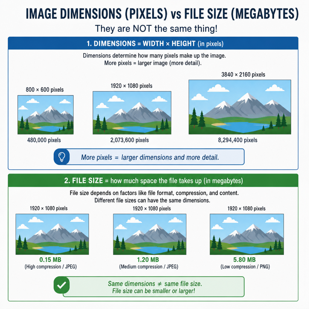 Graphic illustrating the difference between image dimensions in pixels and file size in megabytes