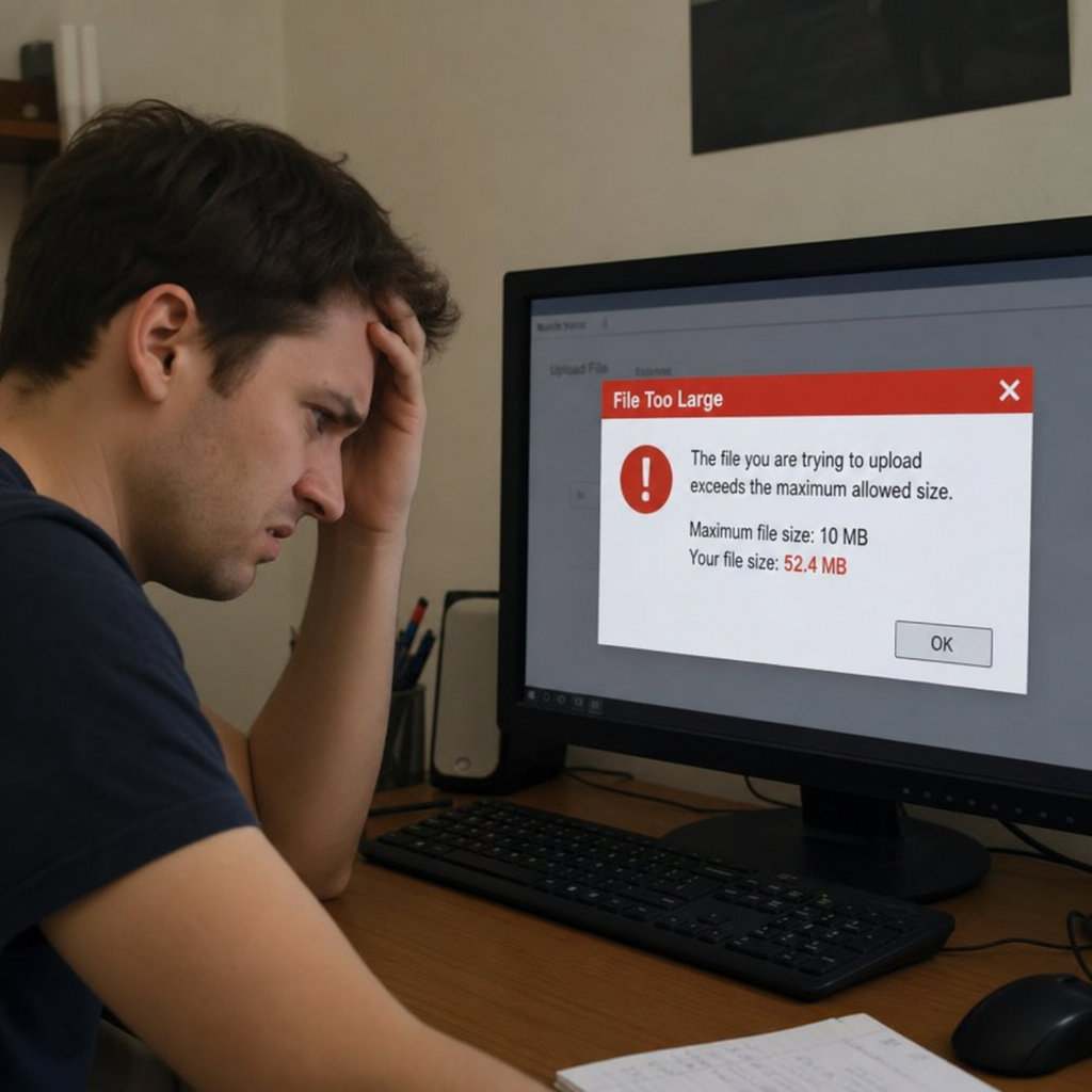 Person looking frustrated at a computer screen displaying a file size error