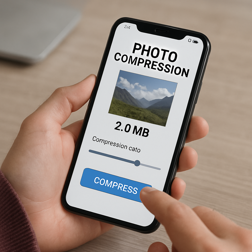 A person using a photo compression app on a modern smartphone