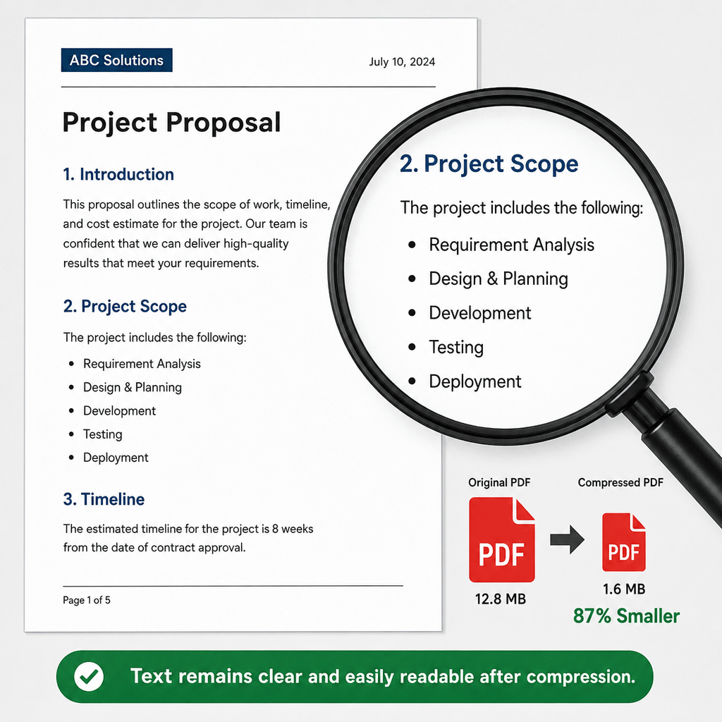 Magnifying glass showing clear text quality after PDF compression