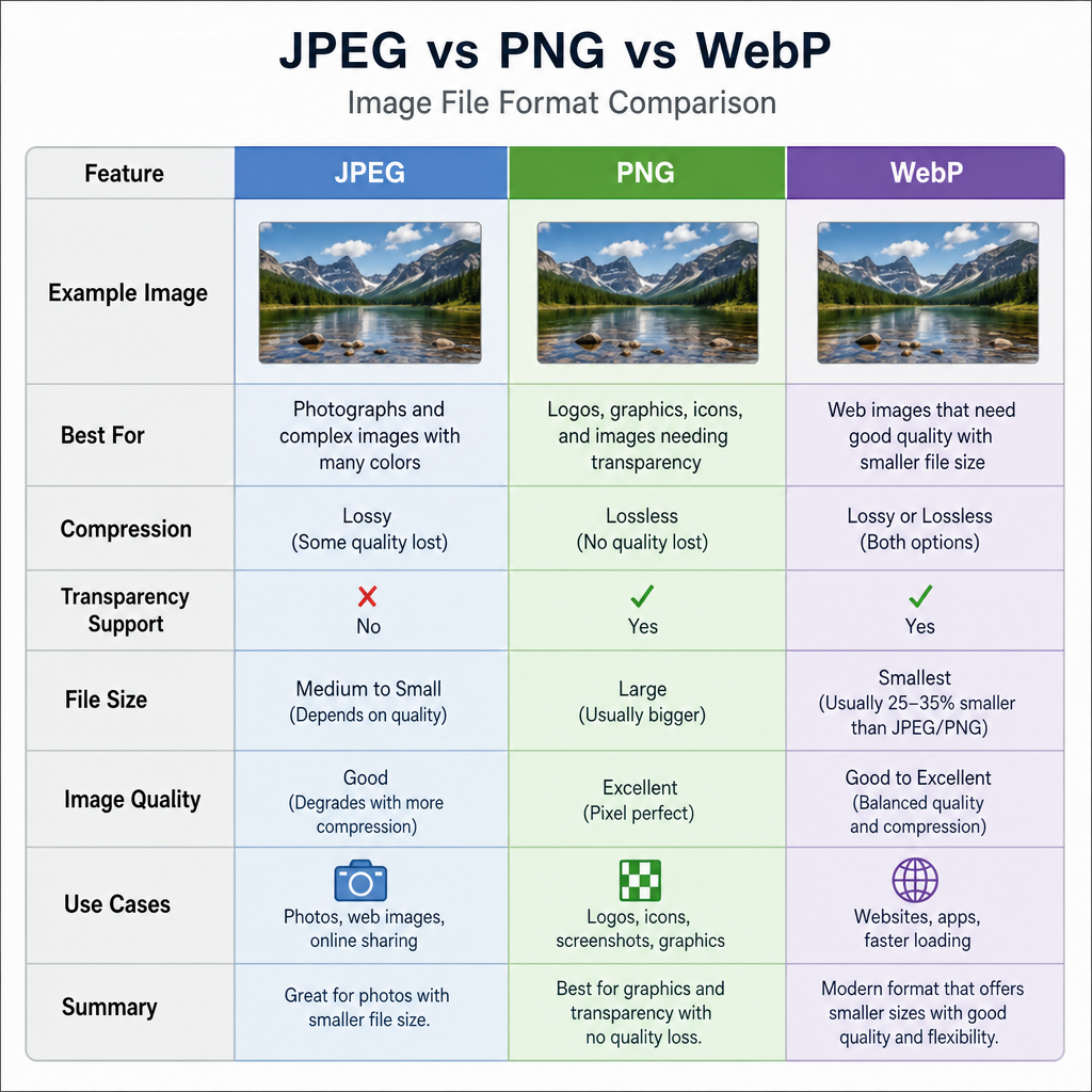 Comparison chart showing the difference between JPEG, PNG, and WebP file formats