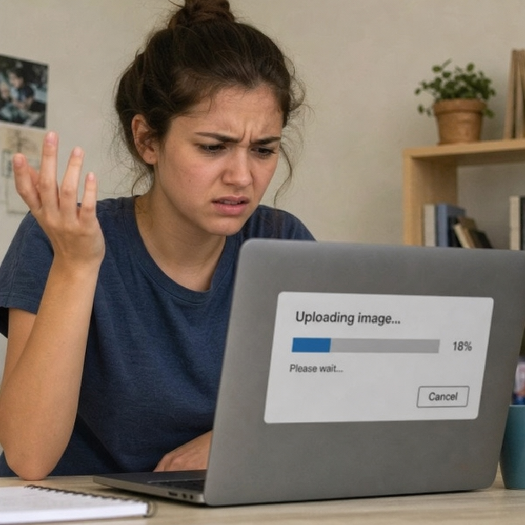 person looking frustrated at a laptop trying to upload an image