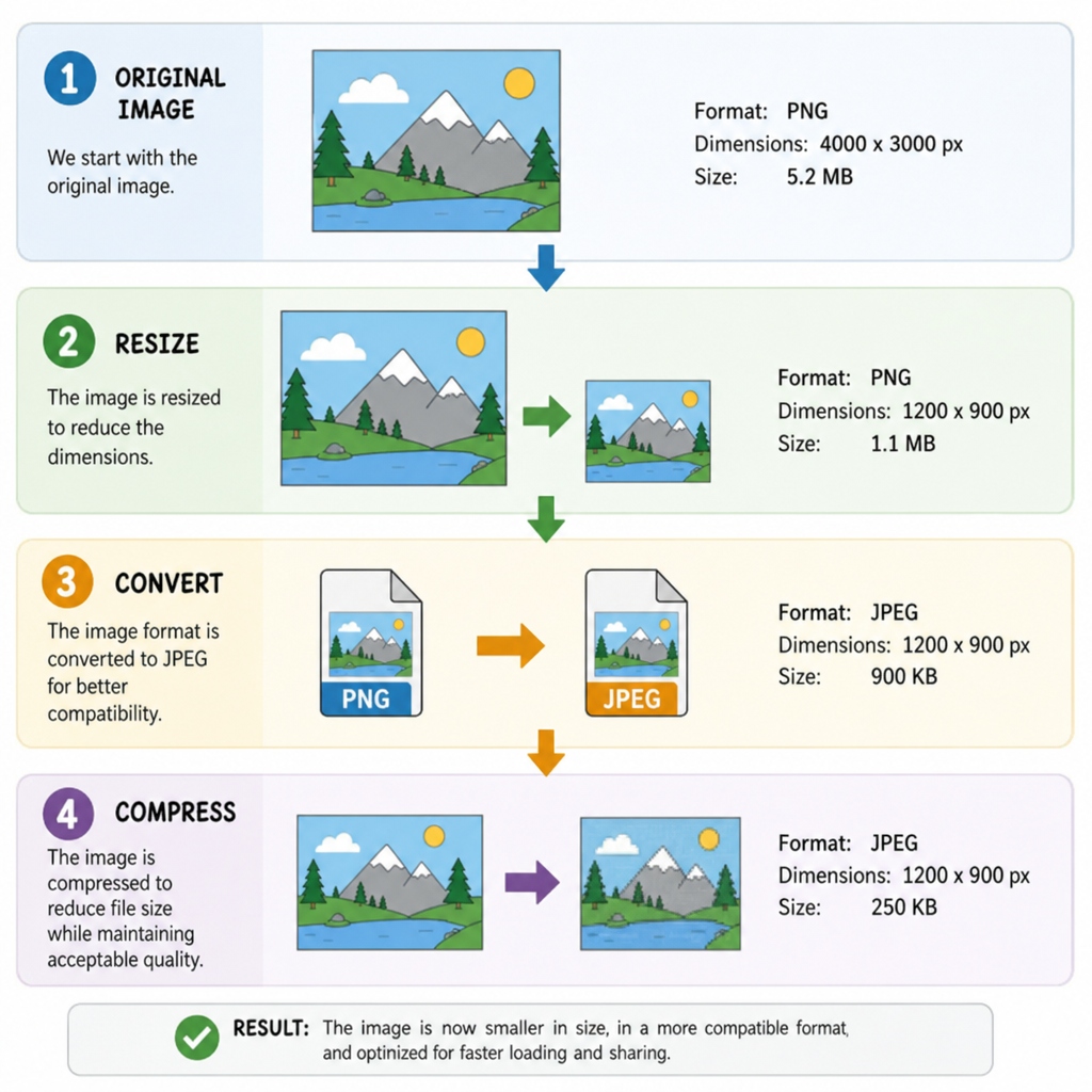 A step by step infographic showing an image being resized, converted, and compressed