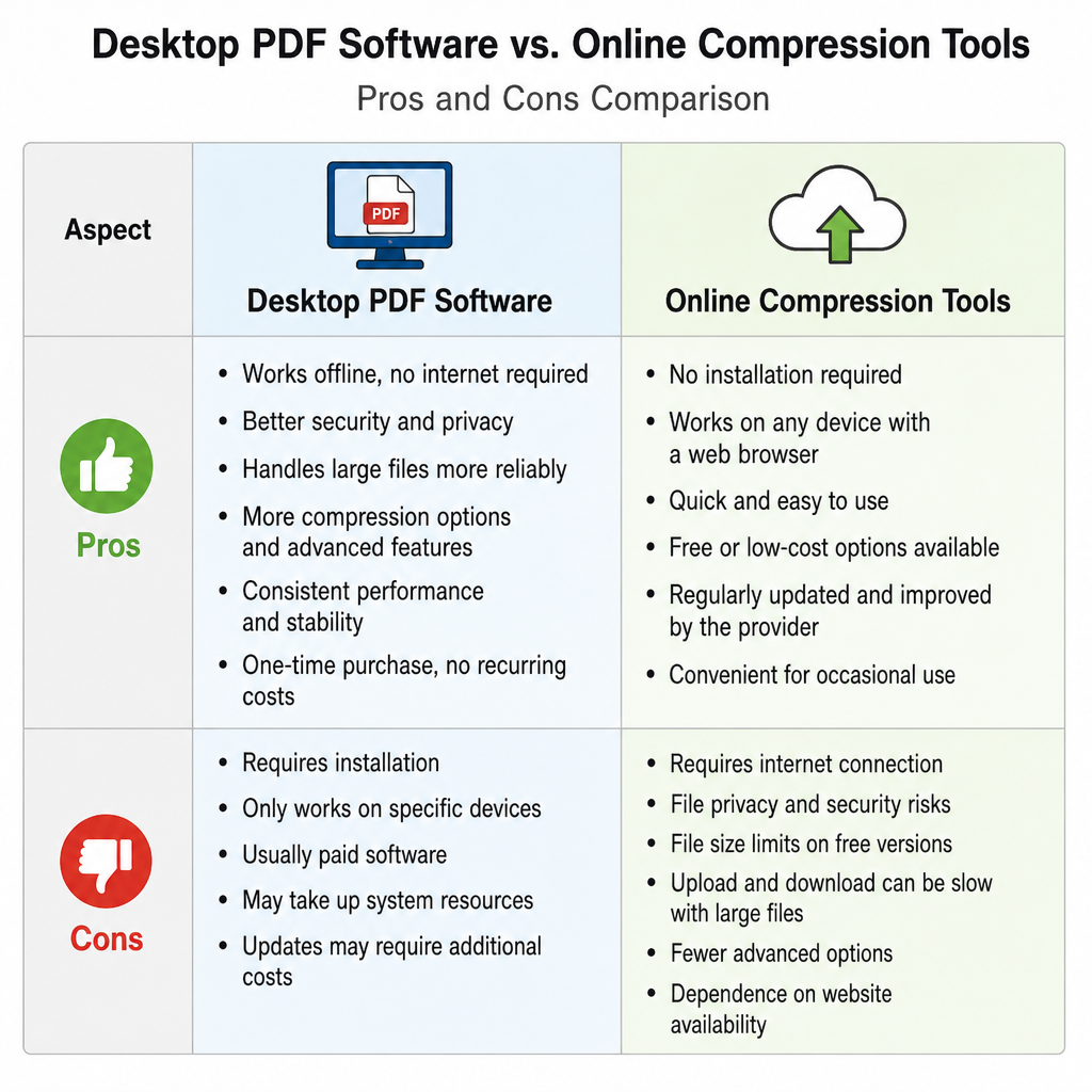 Comparison chart showing the pros and cons of desktop PDF software versus online compression tools in English