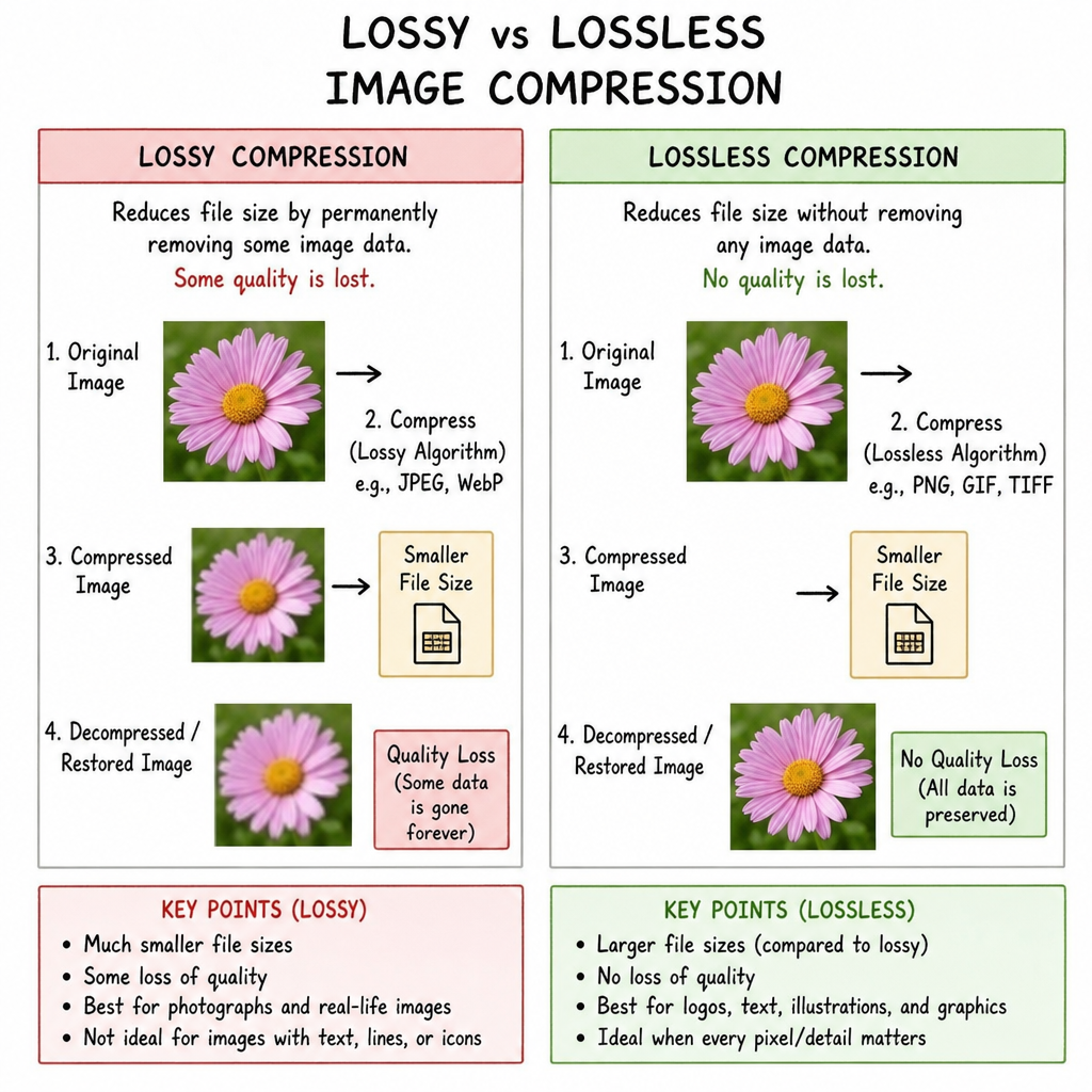 Diagram explaining the difference between lossy and lossless image compression algorithms