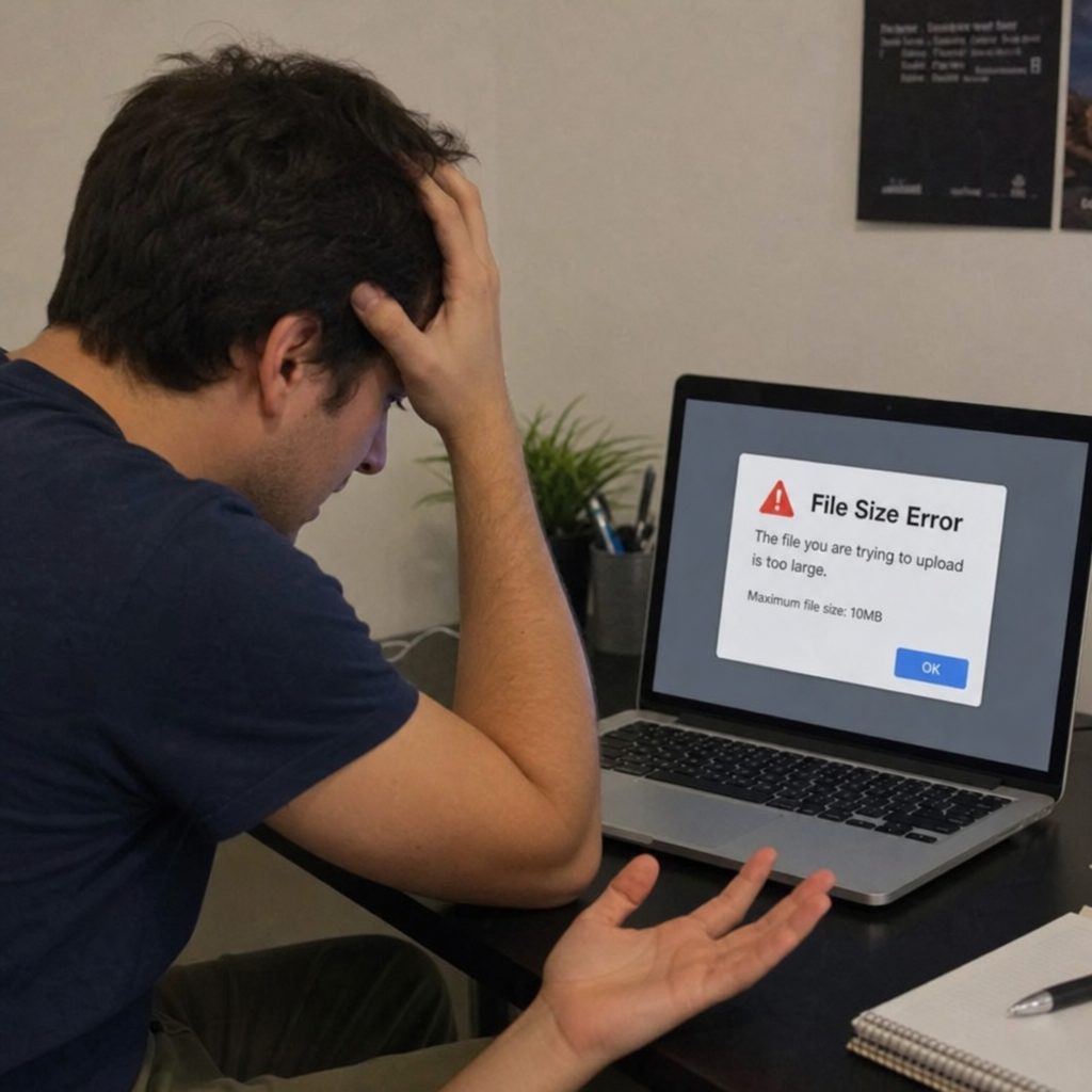 Person frustrated at a laptop getting a file size error message on the screen