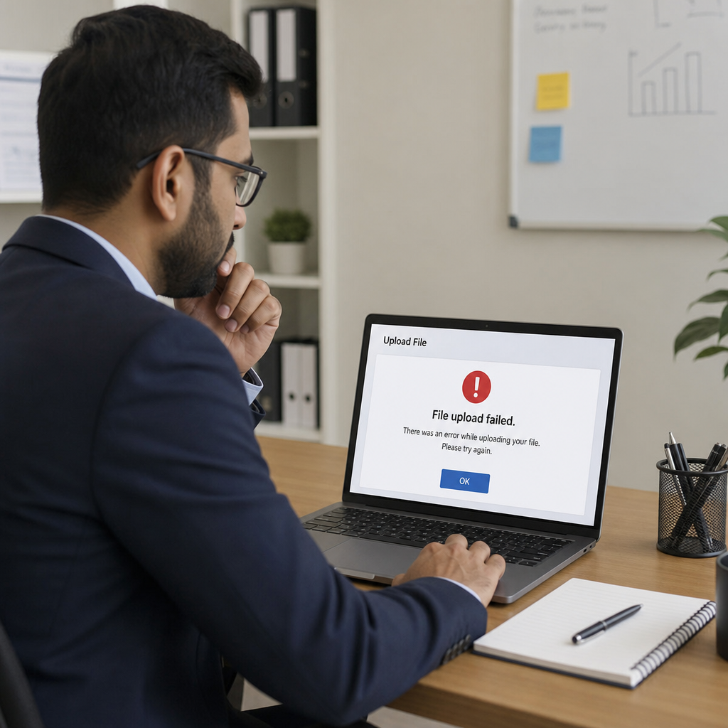 Professional working on a laptop looking at a file upload error message in English