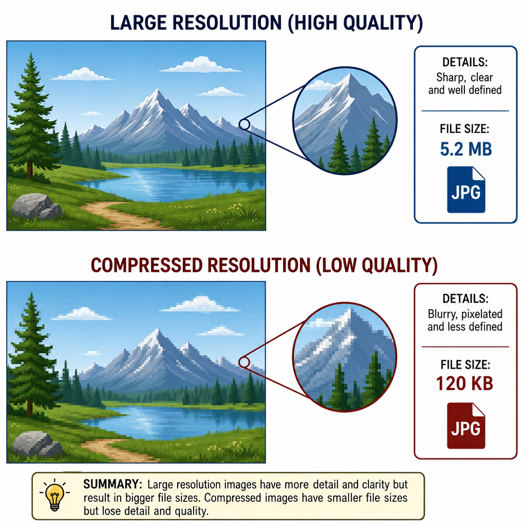 Illustration showing the technical difference between large resolution and compressed resolution