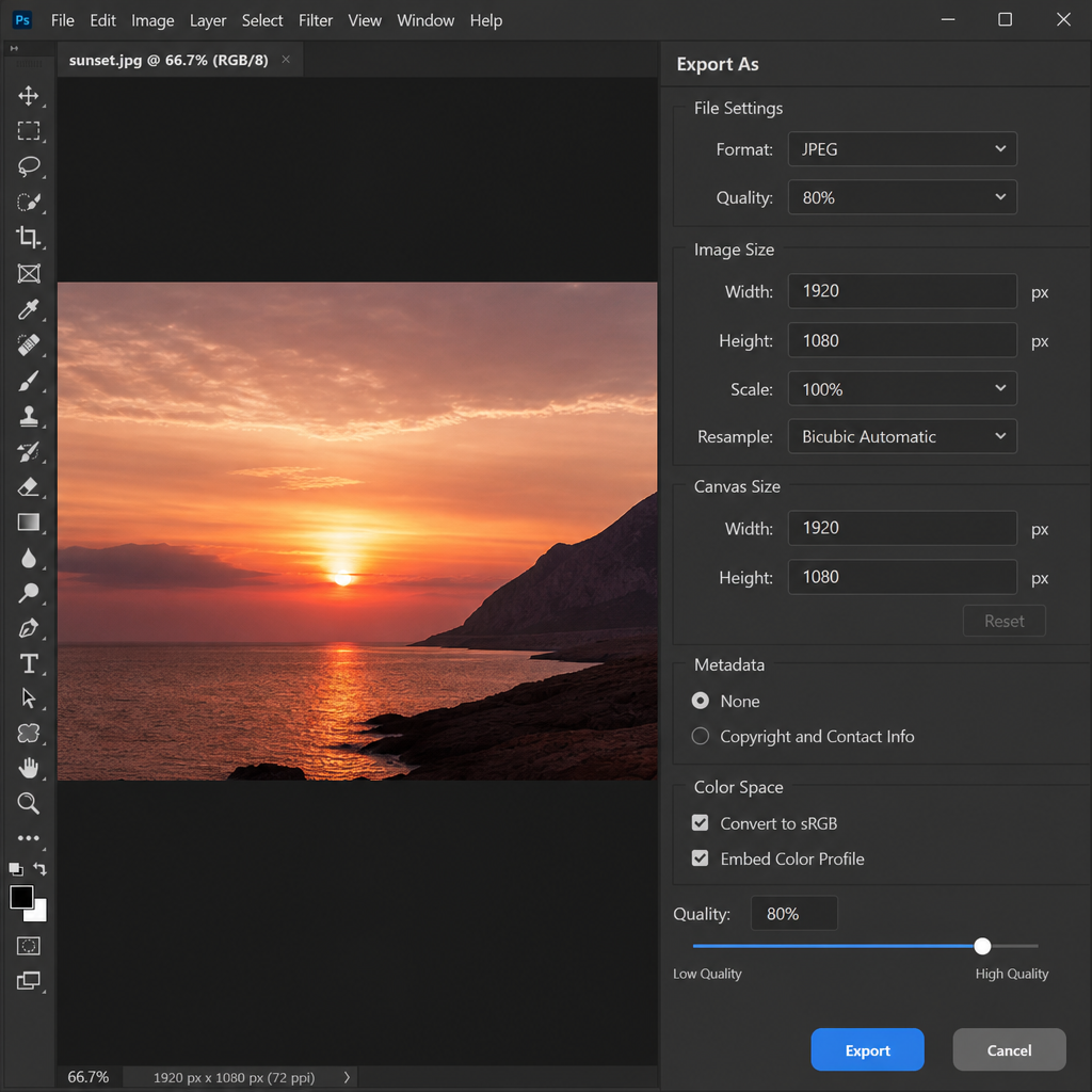 Screenshot of an image editing software showing the image size and export quality slider