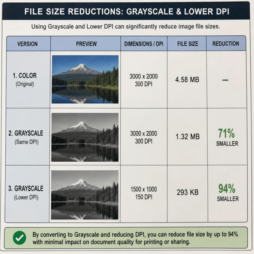 Comparison chart showing file size reductions using grayscale and lower DPI