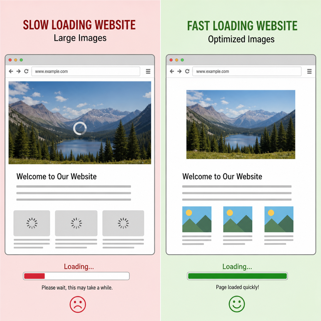 A split screen showing a slow loading website with large images versus a fast loading website with optimized images