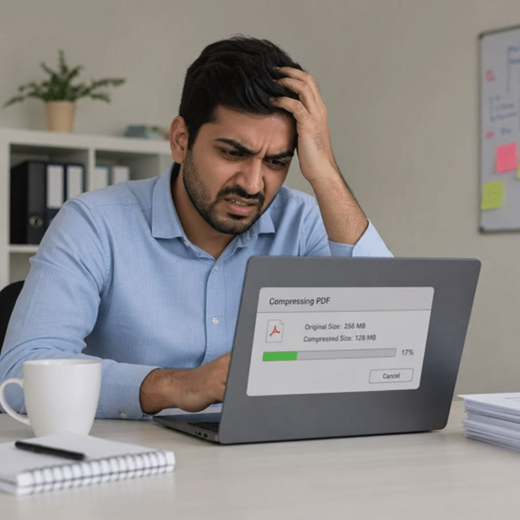 Frustrated professional trying to compress a large digital document on a laptop