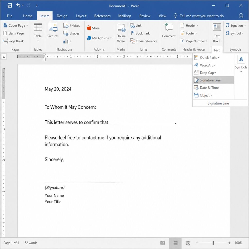 Inserting a Signature Line in Microsoft Word